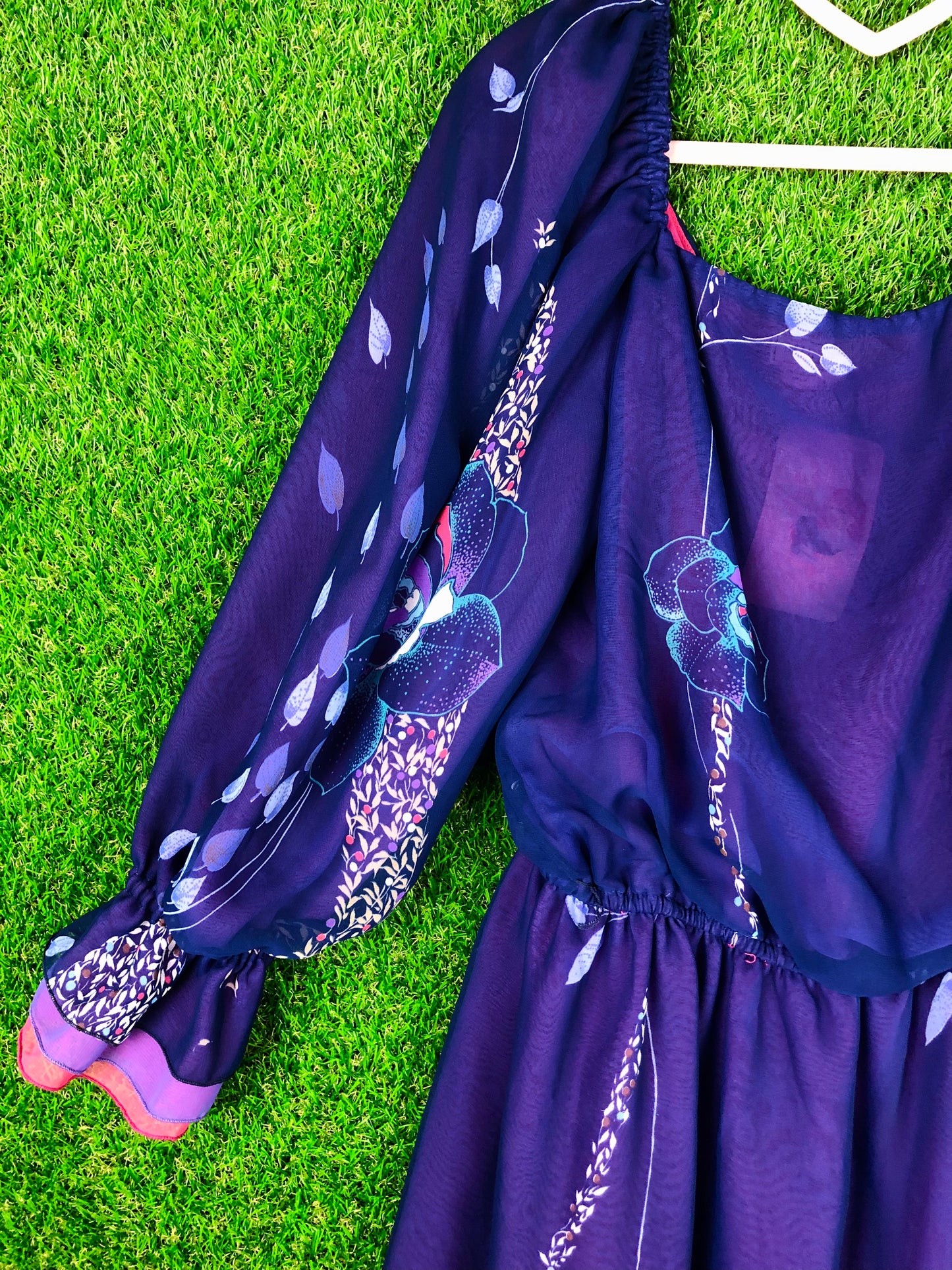 1980's Purple Floral Dress With Elastic Waist