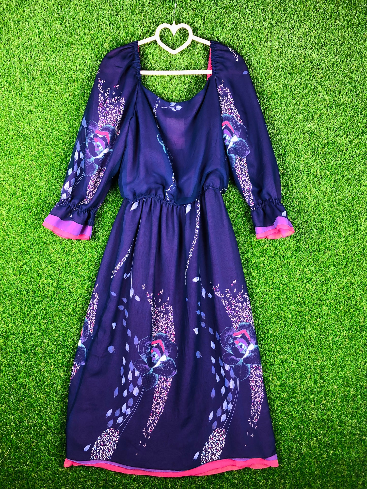 1980's Purple Floral Dress With Elastic Waist