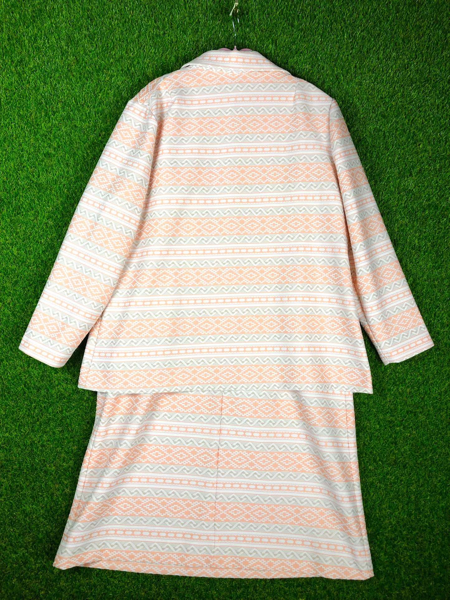 1970's Creamsicle Orange and White Southwest-Print Dress and Jacket Set