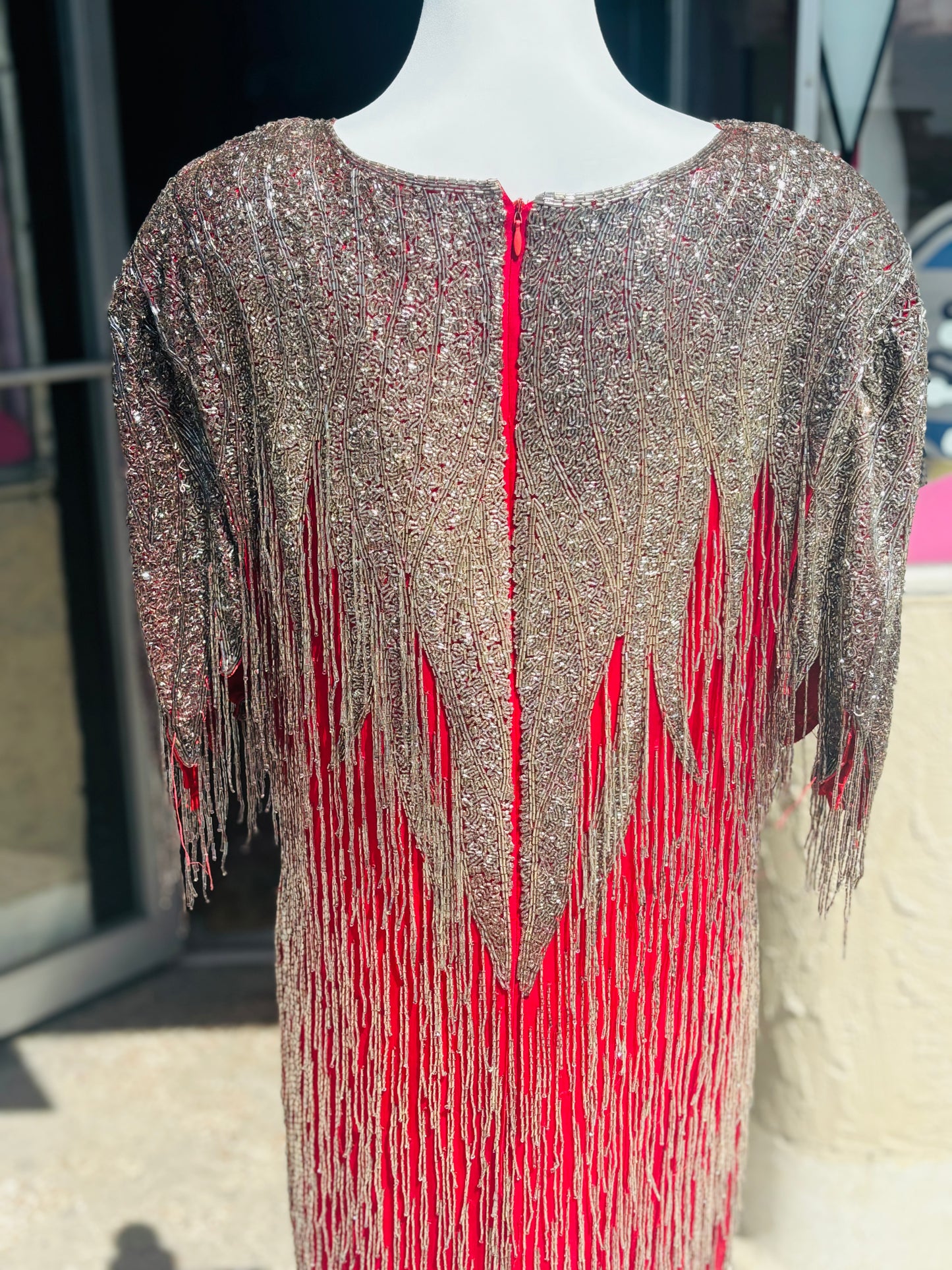 1980's Fiery Red Fully Beaded Dress