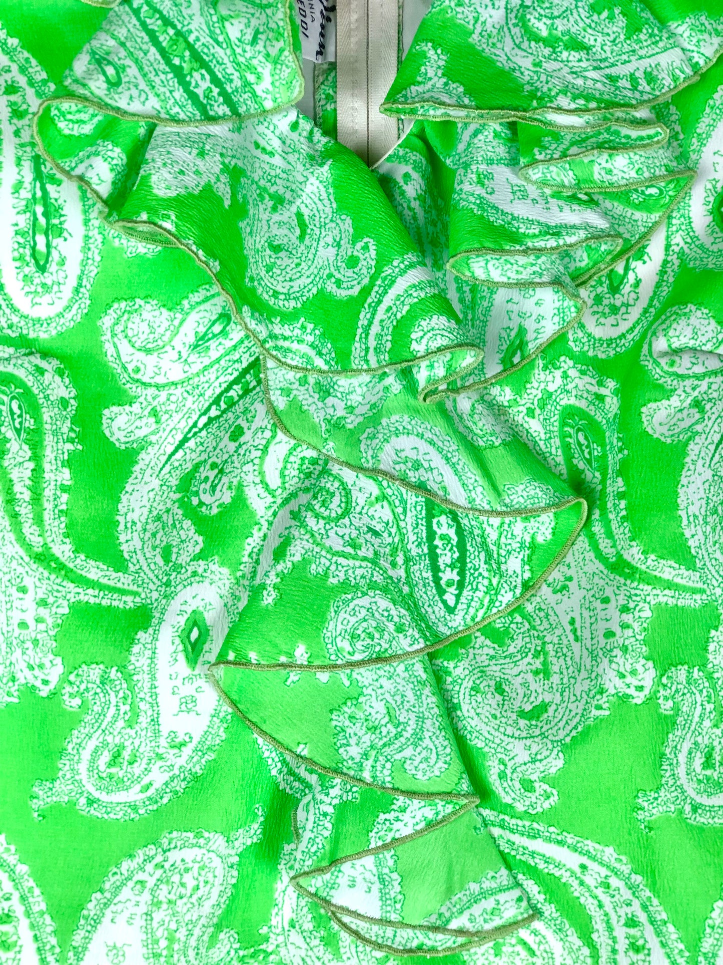 1970's Highlighter-Green Paisley-Print Shift Dress